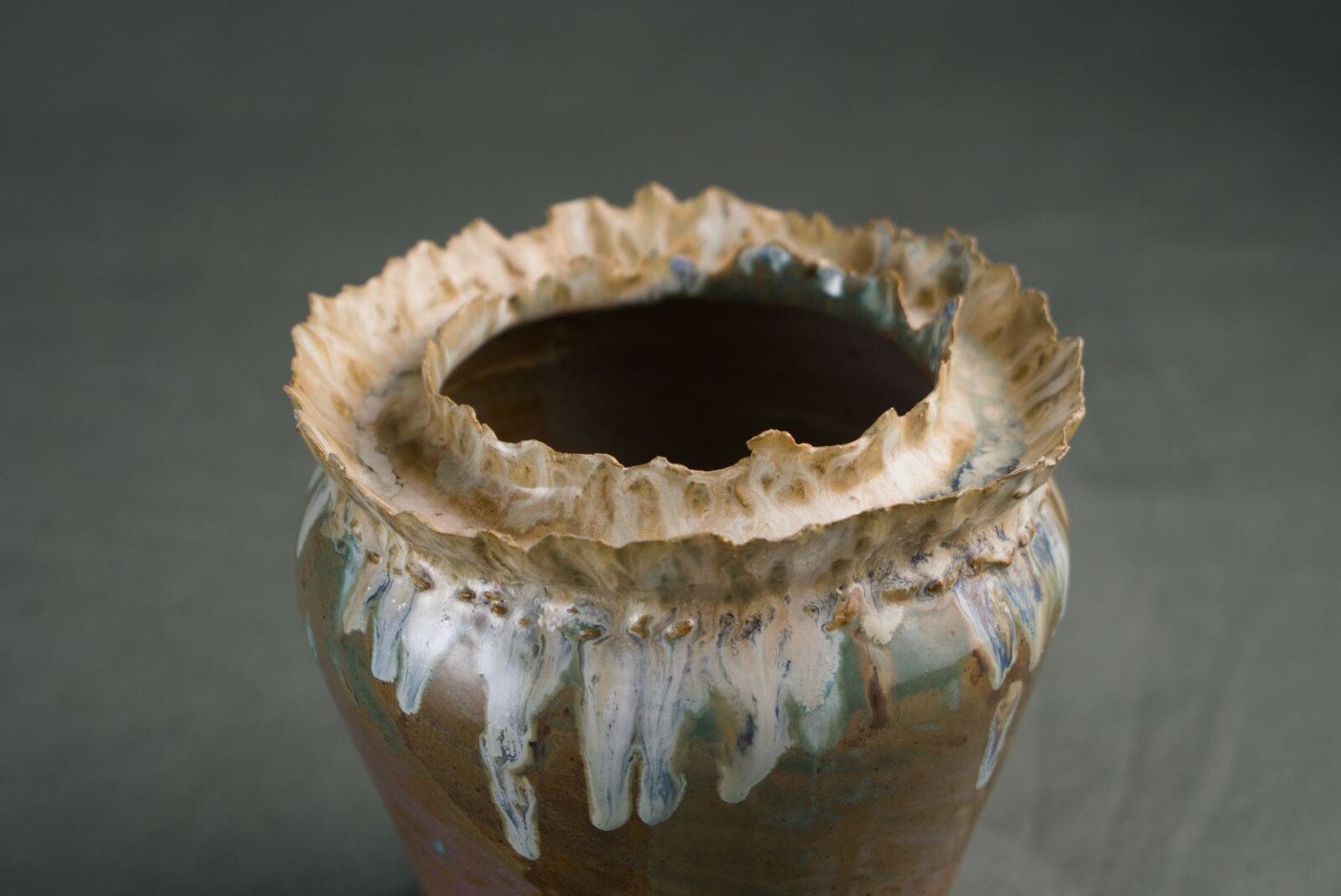 Pinched-neck vase, reduction-fired, glaze drips