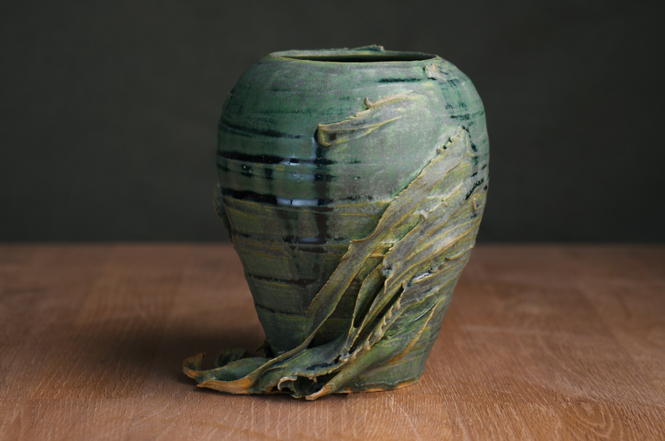 Green vase, wheel-thrown stoneware, hand-modeled leaves